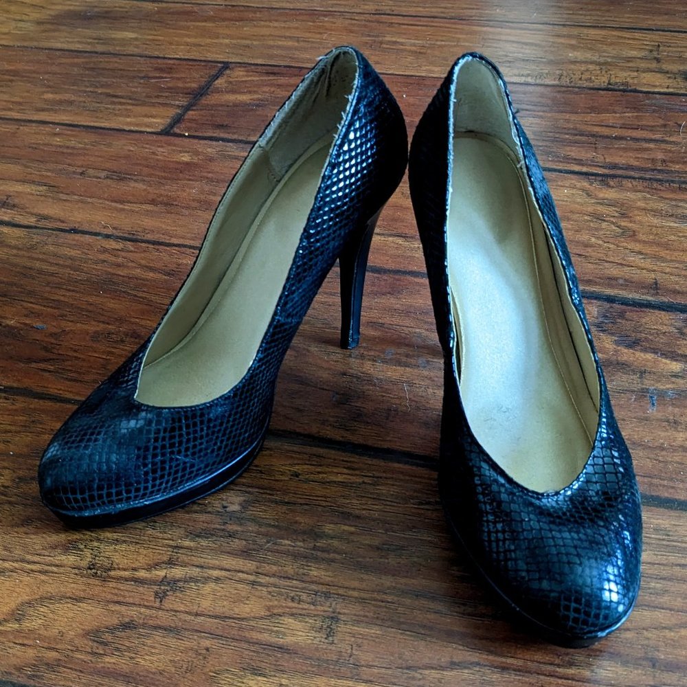 Colin Stuart Polished Suede Snakeskin Platform Pumps